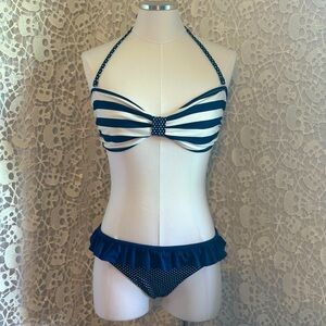 Marie Meili 2 Piece, White and Navy. Top: XL, Bottom: M.